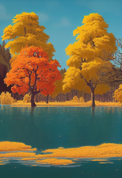 Sfondo autunnale Lago o fiume con alberi e cespugli d'arancio Illustrazione 3d di rami di alberi colorati