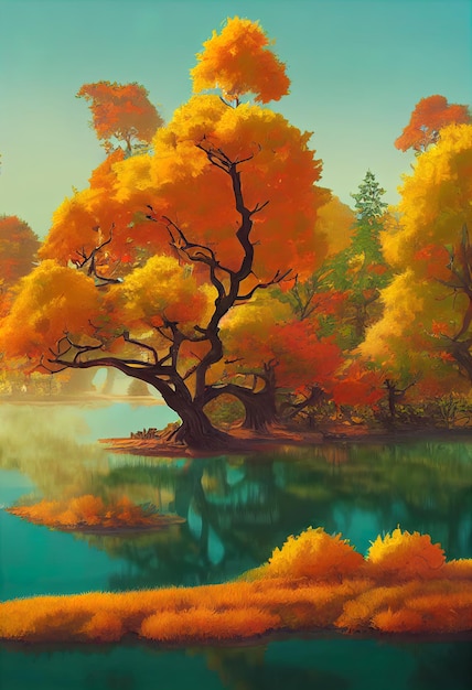 Sfondo autunnale Lago o fiume con alberi e cespugli d'arancio Illustrazione 3d di rami di alberi colorati