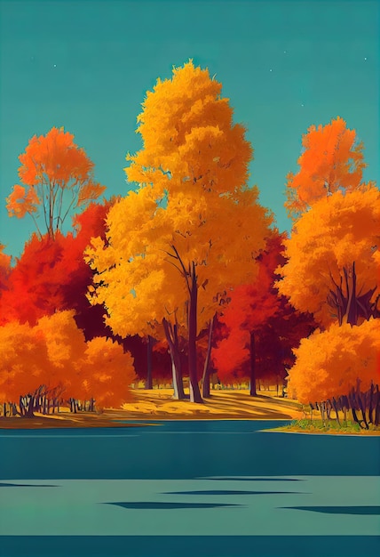 Sfondo autunnale Lago o fiume con alberi e cespugli d'arancio Illustrazione 3d di rami di alberi colorati