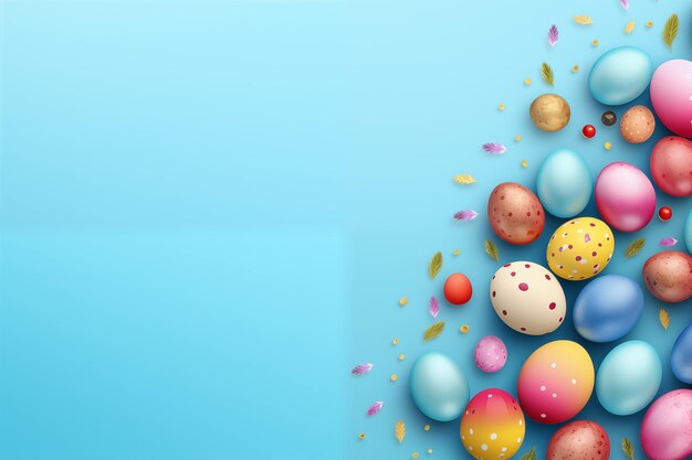 Sfondo banner di Pasqua con uova colorate decorative morbide piccole piume su sfondo blu