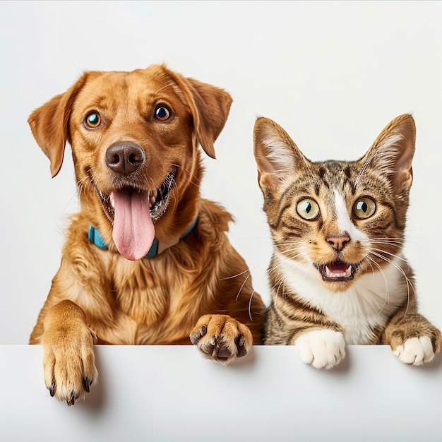 sfondo bianco cane felice in medic scrub e gatto che tiene una lavagna chiara