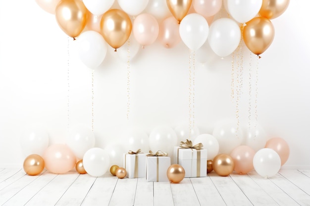 sfondo bianco celebrazione con palloncini e regali