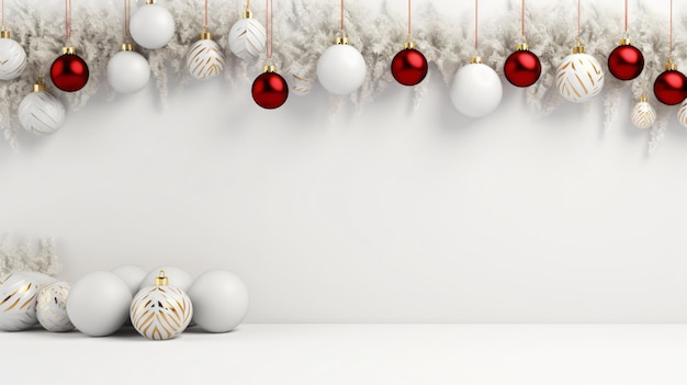 sfondo bianco di Natale con palle e foglie di Natale