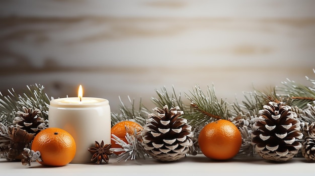 Sfondo bianco di Natale Decorazione di Capodanno con coni di pino e arancia