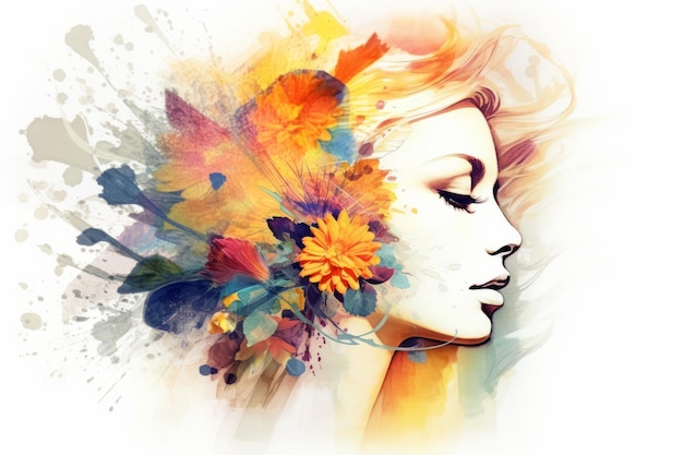 Sfondo bianco Donna con fiori nei capelli Immagine bella illustrazione IA generativa