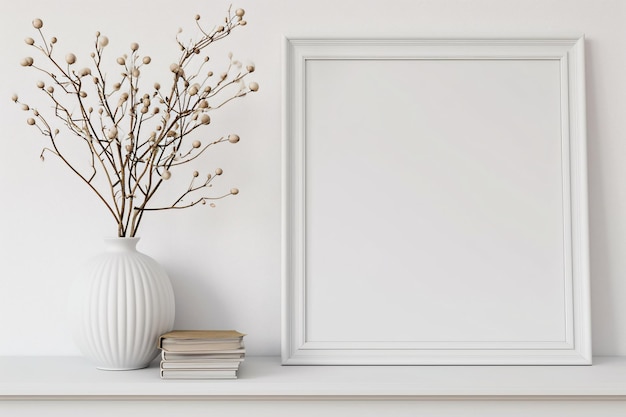 Sfondo bianco illustrazione fresca e minimalista con piante verdi e design della cornice per foto vuota