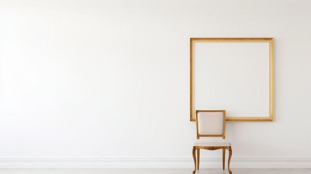 Sfondo bianco minimalista con sedia dorata e cornice vuota