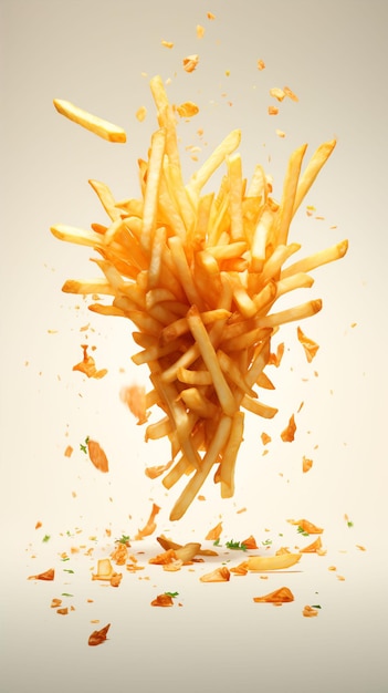 sfondo bianco patatine fritte volanti che assomigliano a una pubblicità
