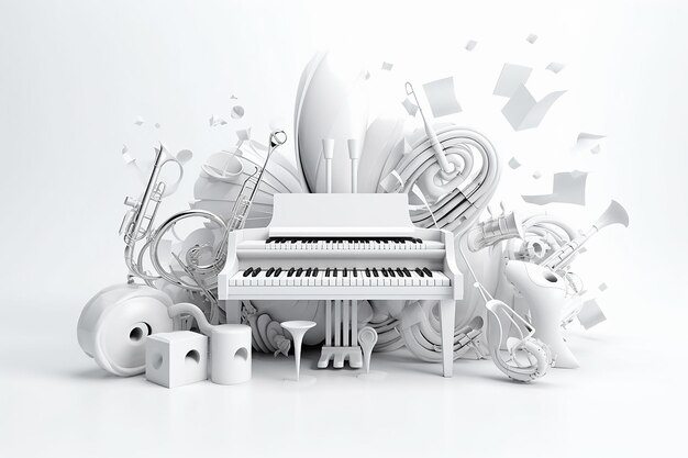 sfondo bianco stile musicale tema strumenti musicali astratti mockup 3D AI generativa