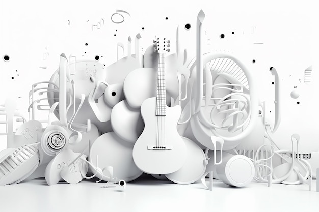 sfondo bianco stile musicale tema strumenti musicali astratti mockup 3D AI generativa