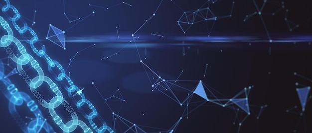 Sfondo blockchain panoramico luminoso Criptovaluta e concetto di innovazione rendering 3D