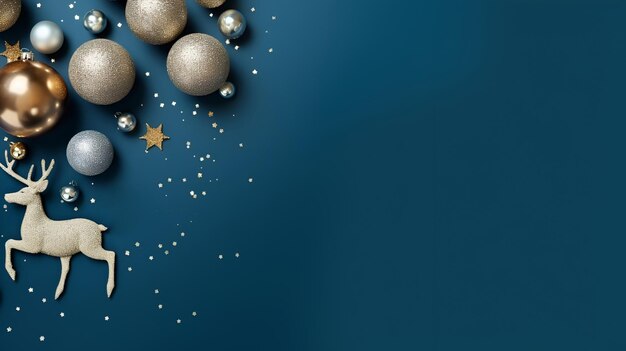 Sfondo blu di Capodanno con cervi e palline 1