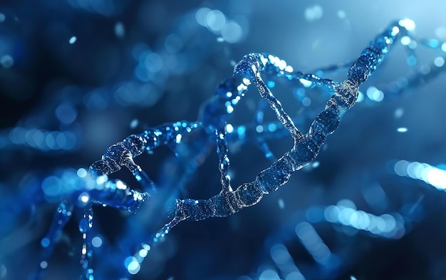 Sfondo blu ombreggiato con cromosomi di DNA e IA generativa dello spazio a doppia elica