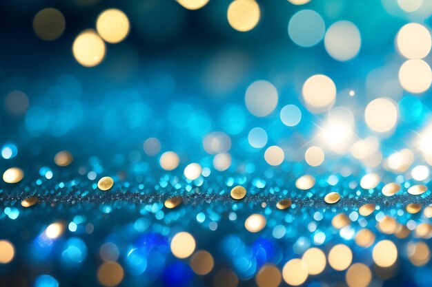 Sfondo bokeh con glitter zaffiro Teal blu luccicante non focalizzato e scintillio dorato