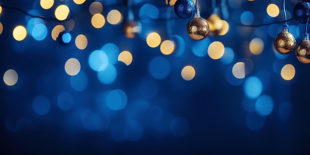 Sfondo bokeh ghirlanda blu e arancione di Natale Sfondo magico festivo IA generativa
