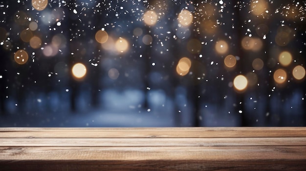 Sfondo bokeh innevato e luminoso con tavolo in legno per mockup