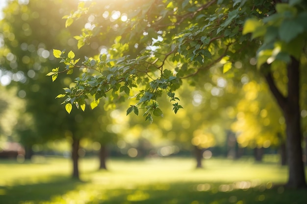 sfondo bokeh sfocato degli alberi del giardino in una giornata di sole