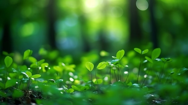 Sfondo bokeh verde dalla foresta naturale fuori fuoco IA generativa