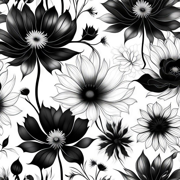 Sfondo botanico di lusso con fiori minimalisti in bianco e nero alla moda su sfondo bianco