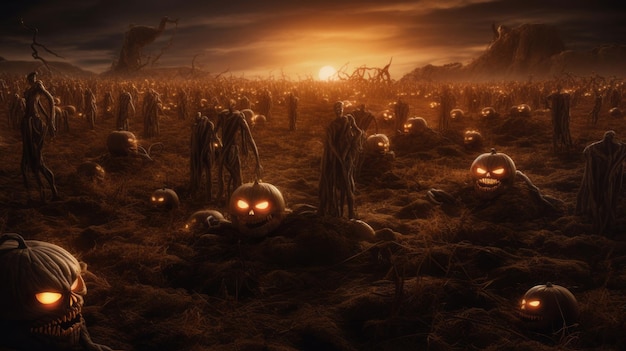 sfondo campo notte di halloween pieno di zucche e creature fantastiche spaventose generate da ai