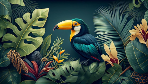 Sfondo carta da parati tropicale con piante e uccelli