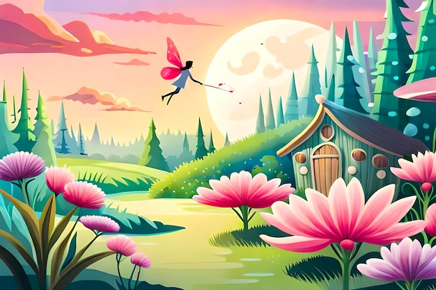 sfondo cartone animato con sfumature acquerello pastello raffigurante un magico giardino fatato