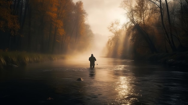 Sfondo cinematografico di pesca autunnale Pescatore che cattura su Wild River