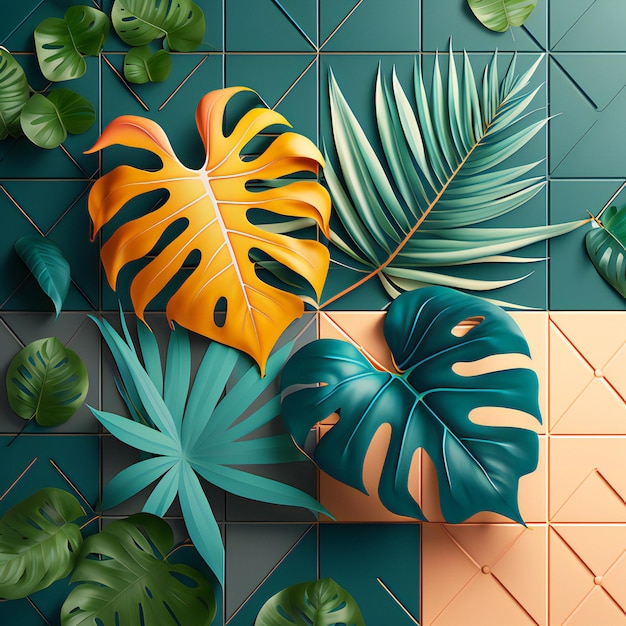 Sfondo colorato 3D con un motivo di piante tropicali