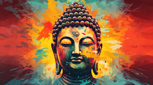 sfondo colorato astratto con buddha con gli occhi chiusi con copia spazio meditazione buddismo AI