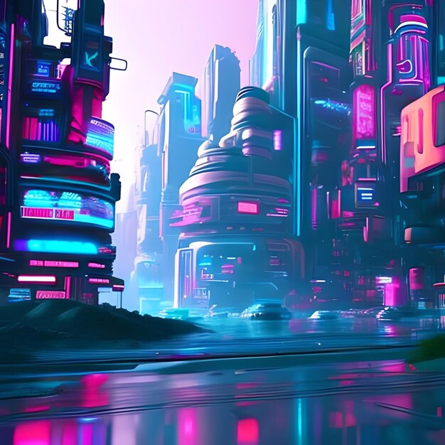 Sfondo colorato Cyberpunk metaverse città Concept art Pittura digitale Illustrazione fantasy