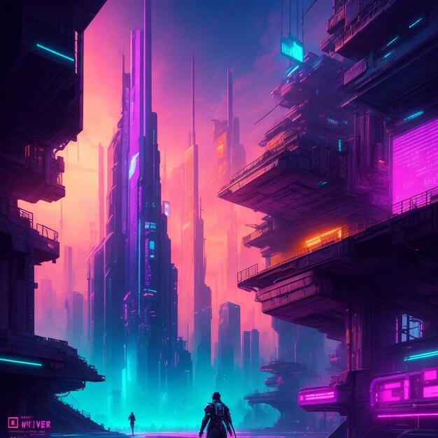 Sfondo colorato Cyberpunk metaverse città Concept art Pittura digitale Illustrazione fantasy