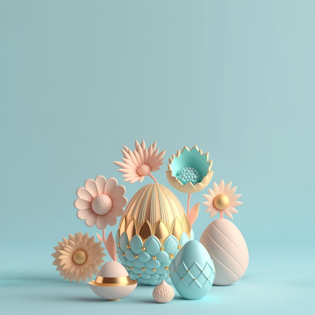Sfondo colorato di Pasqua con rendering 3D Uova di Pasqua e decorazione floreale
