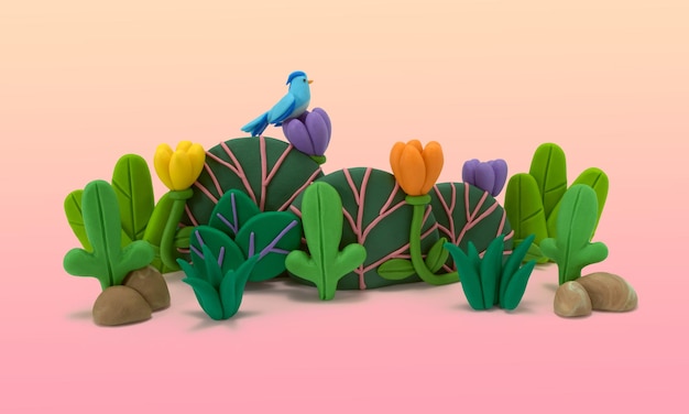 Sfondo colorato di plastilina botanica con un uccello e fiori