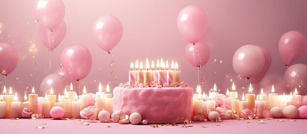 Sfondo con candele e lettere rosa di buon compleanno