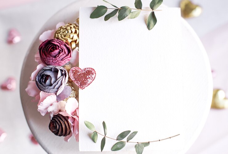 Foto sfondo con copia spazio vuoto sul tavolo bianco con cuore glitterato, ramo di eucalipto, fiori e foglie. carta bianca vista dall'alto, piatto, stile minimal. mock up carta.
