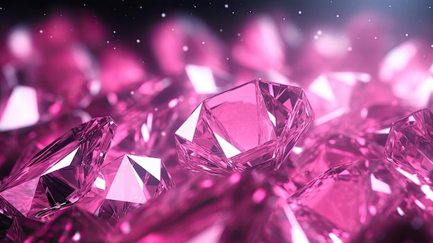 Sfondo con diamanti rosa neon disposti in modo casuale con effetto pellicola e aberrazione cromatica