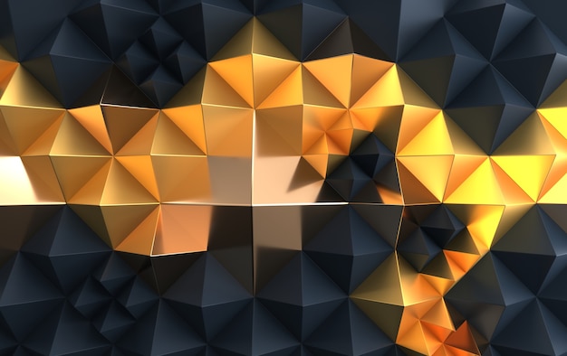 Sfondo con forme geometriche triangolari, piramidi in tonalità scure con accenti d'oro, rendering 3d