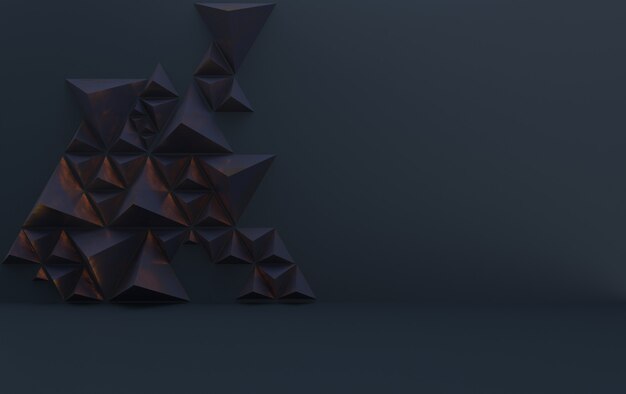 Sfondo con forme geometriche triangolari, piramidi in tonalità scure con accenti d'oro, rendering 3d