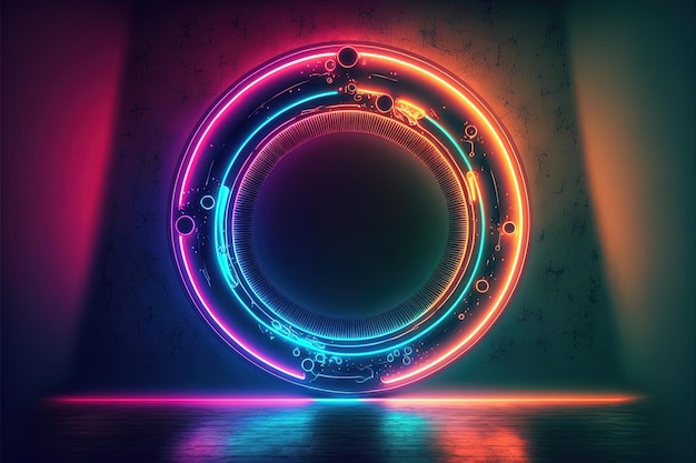 Sfondo con luci al neon a forma di cerchio. Illustrazione digitale AI