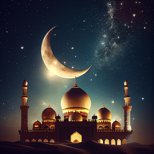 Sfondo con moschea araba e luna araba sul cielo stellato Generative AI