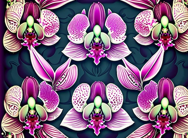 Sfondo con motivo floreale senza cuciture che mostra eleganti orchidee disposte in un layout simmetrico
