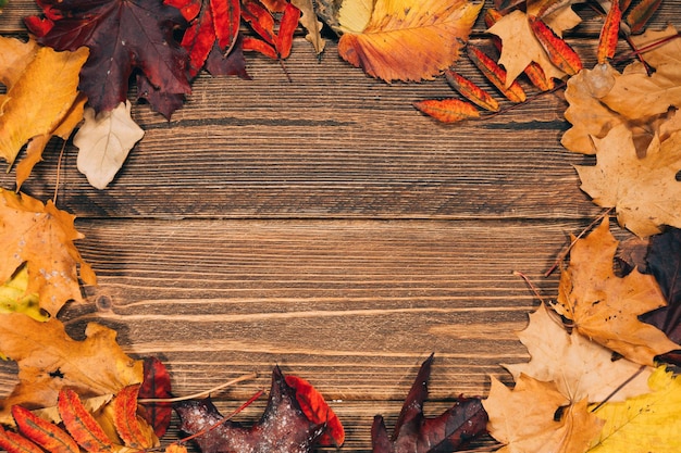 Sfondo con tavolo in legno e foglie autunnali