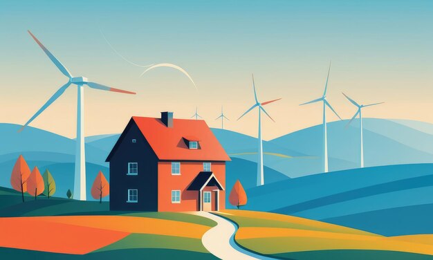 Sfondo con una casa e turbine eoliche