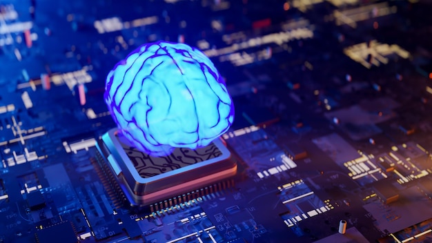 Sfondo concettuale del cervello umano come CPU di una forte intelligenza artificiale AGI 3d rendering