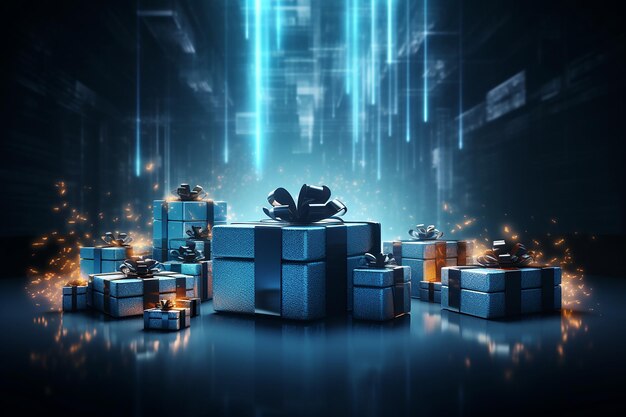 Sfondo concettuale delle vendite dello shopping del cyber monday con scatole regalo dai toni blu dorati ai generativi