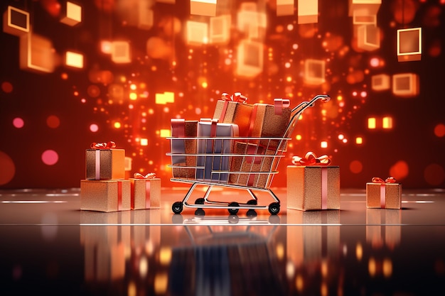 Sfondo concettuale delle vendite dello shopping del Cyber Monday con scatole regalo e intelligenza artificiale generativa del carrello