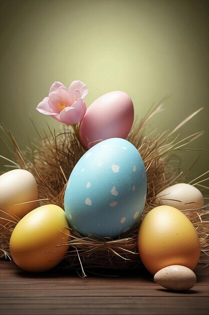 Sfondo creativo di Pasqua con uova di coniglio e testo spaziale