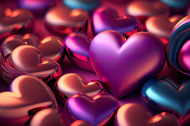 Sfondo cuore multicolore Carta da parati San Valentino con vetro rosso rosa e cuori d'amore rosso metallizzato