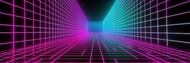 Sfondo cyberpunk retrowave astratto degli anni '80 con griglia prospettica al neon dello spazio di copia