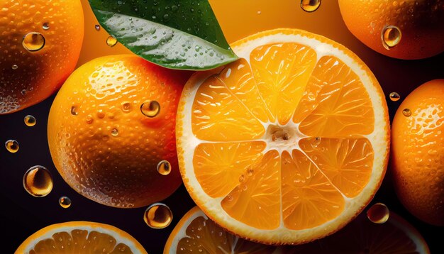 Sfondo da arancione colorato maturo con spruzzi d'acqua Al generato